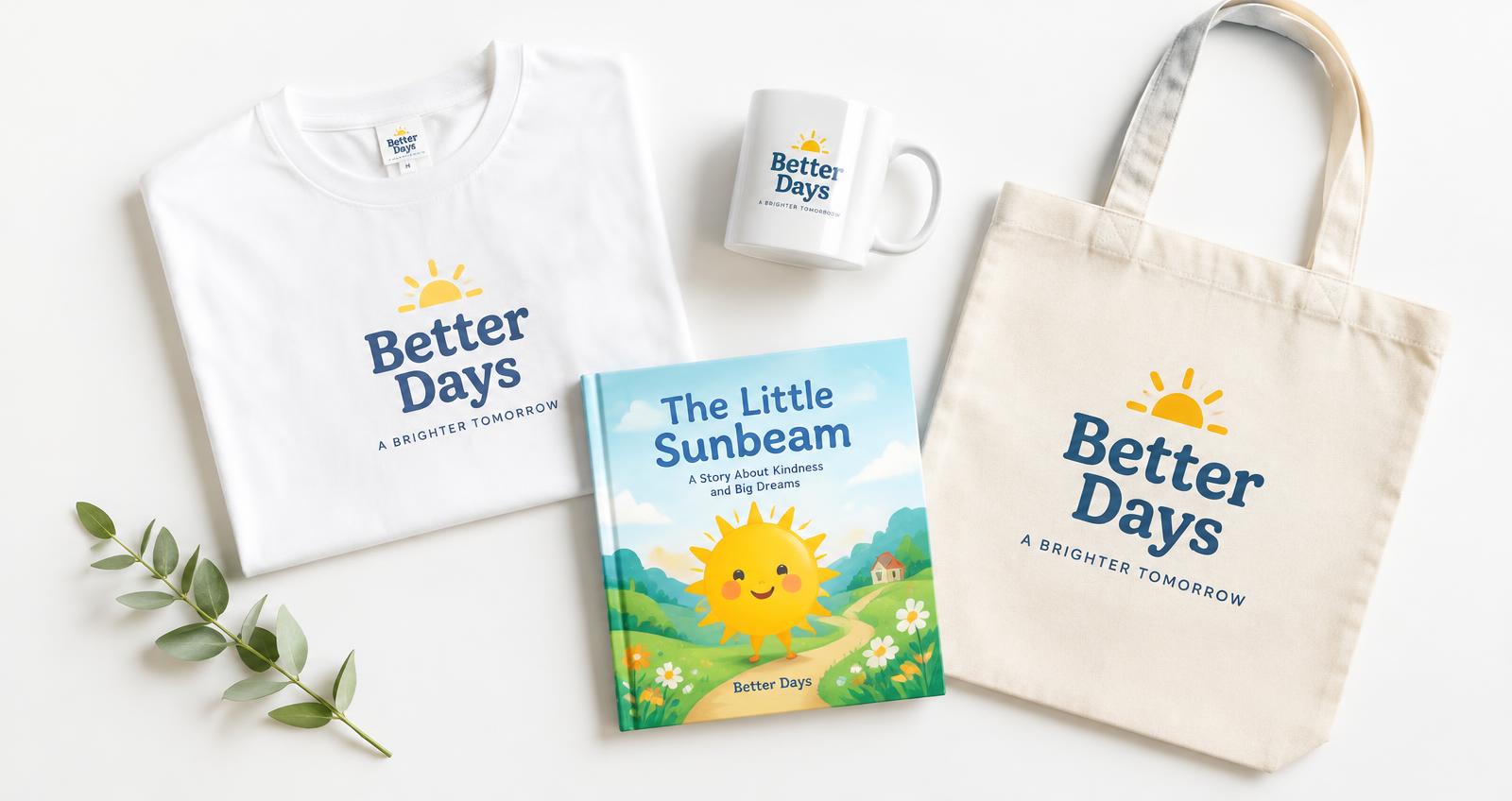 Branded t-shirt, mug, tote bag and storybook laid out on white